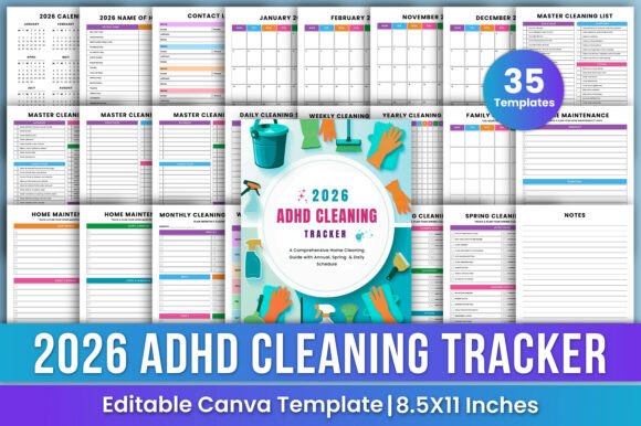 Download 2026 ADHD Cleaning Tracker Bundle Canva - Cleaning Collection